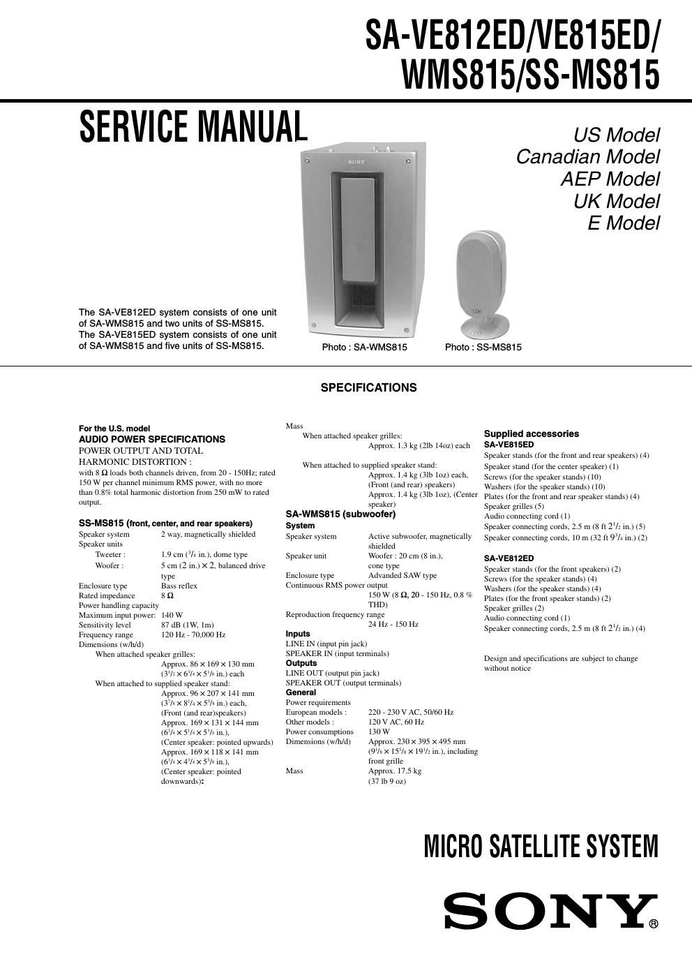 sony sa ve 812 ed service manual