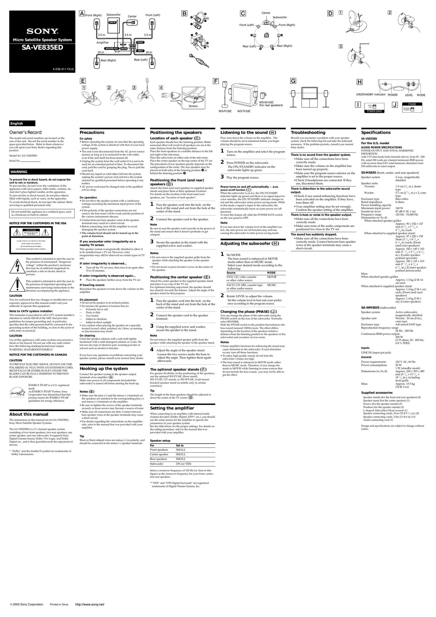 sony sa ve 835 ed owners manual