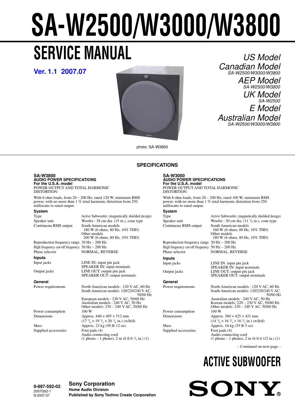 sony sa w 2500 service manual