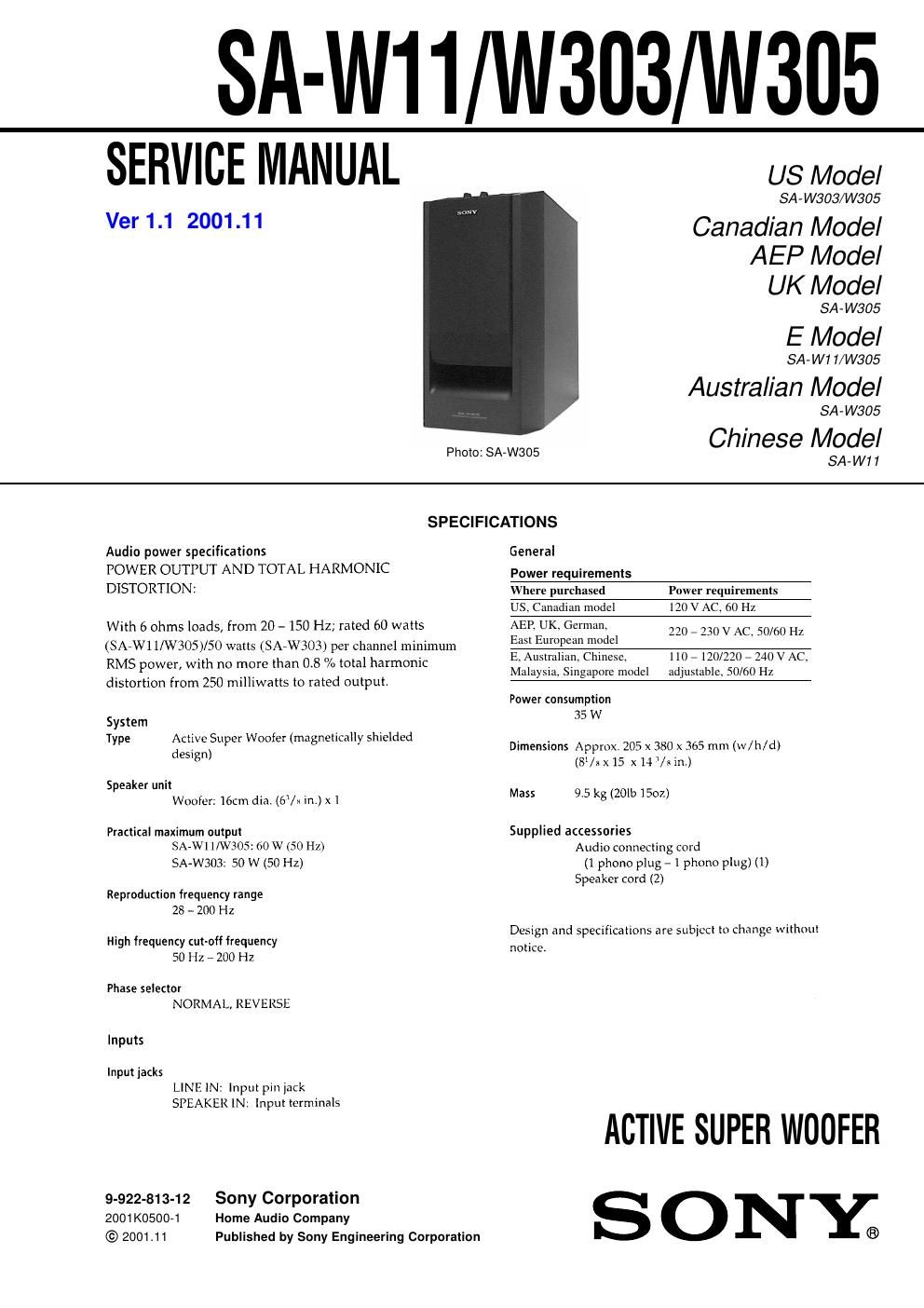 sony sa w 303 service manual