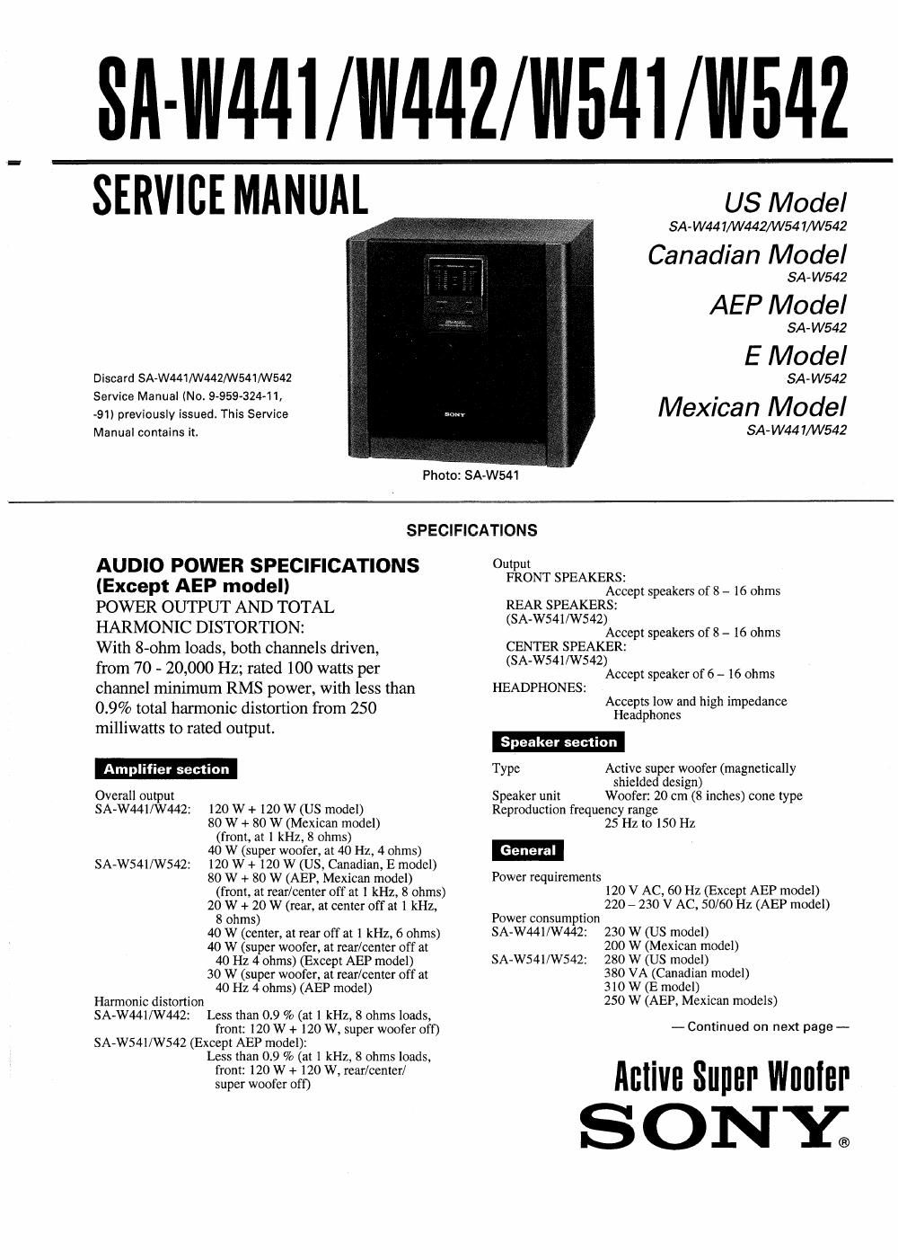 sony sa w 541 service manual