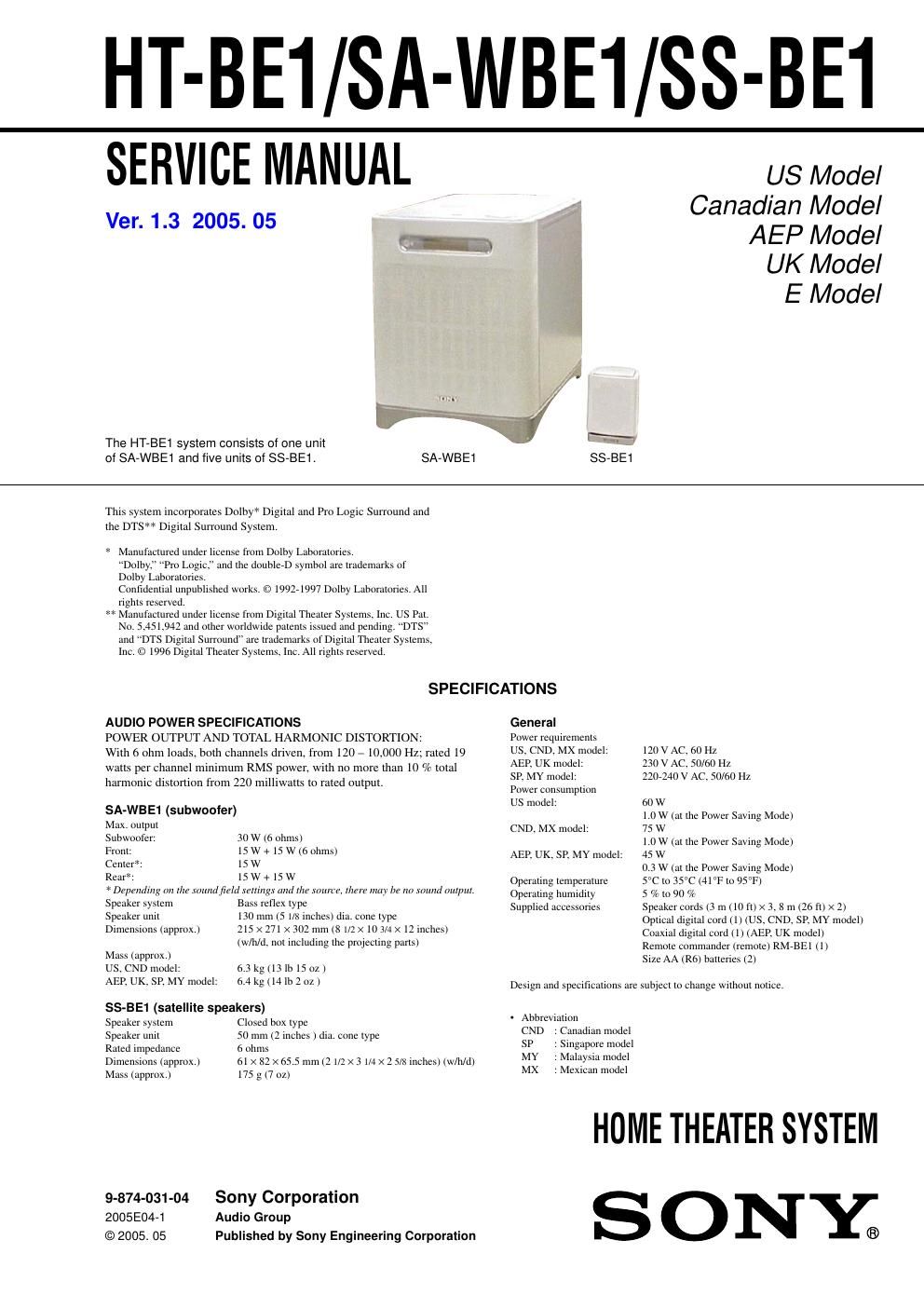 sony sa wbe 1 service manual