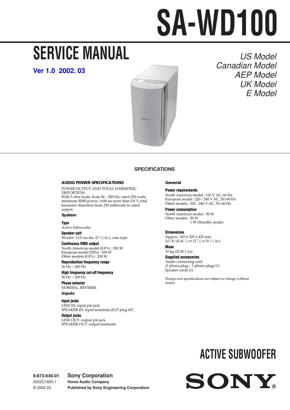 sony sa wd 100 service manual