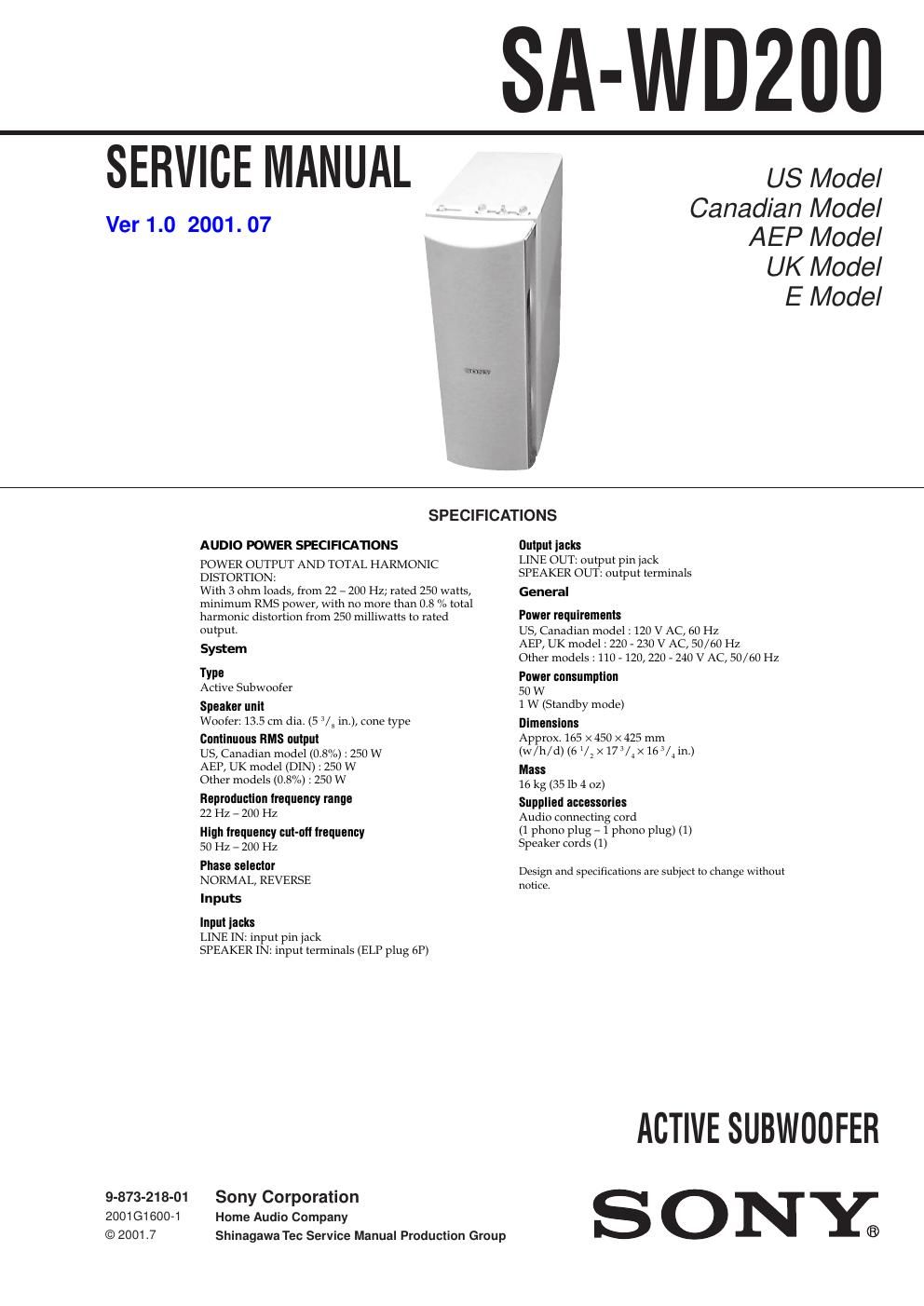 sony sa wd 200 service manual