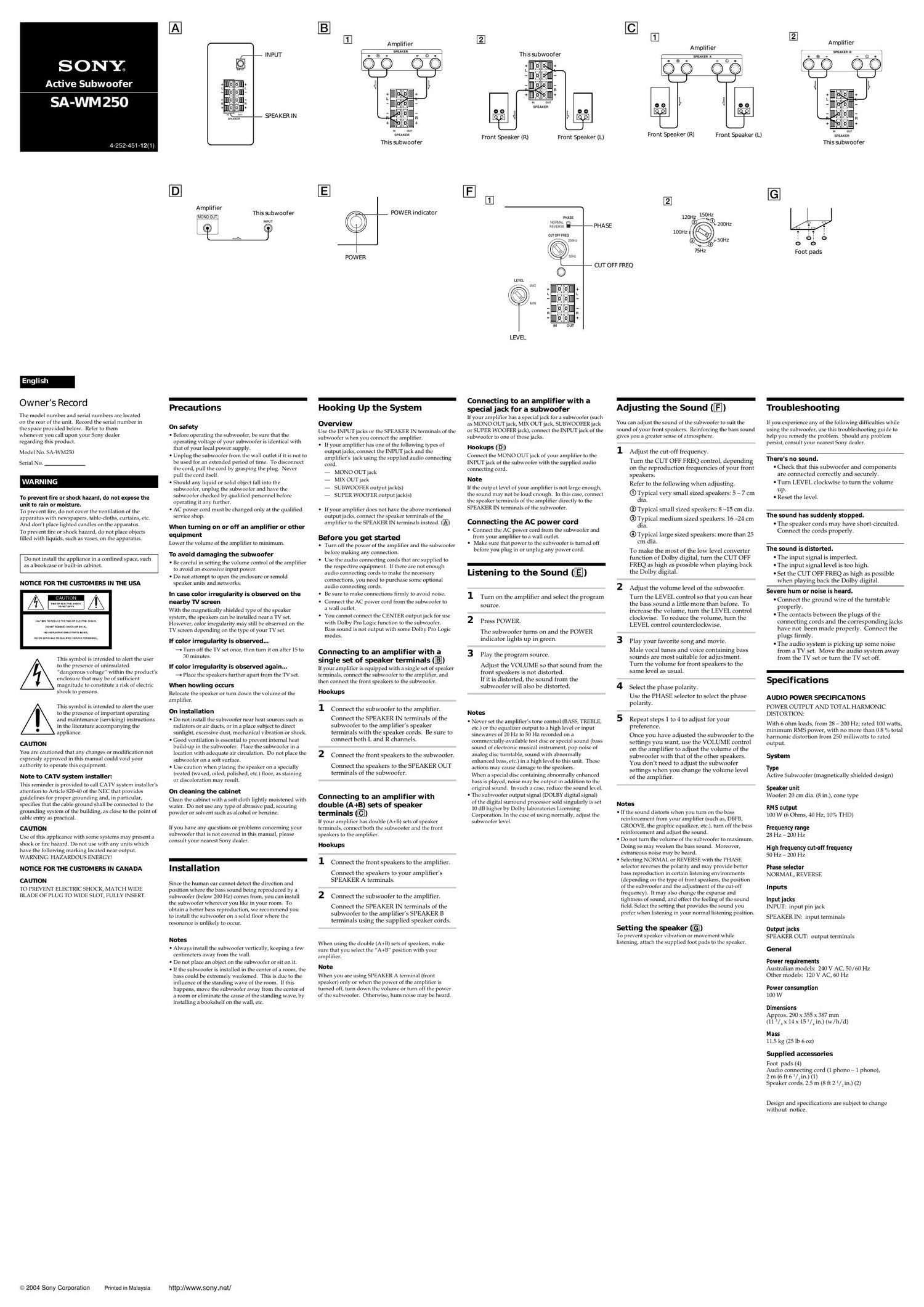 sony sa wm 250 owners manual