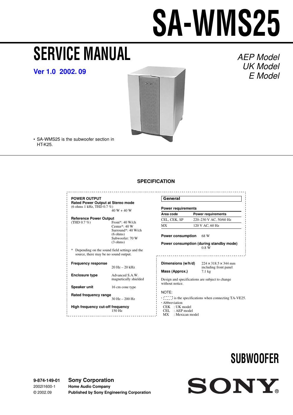 sony sa wms 25 service manual