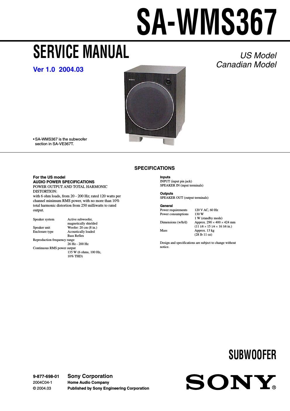 sony sa wms 367 service manual