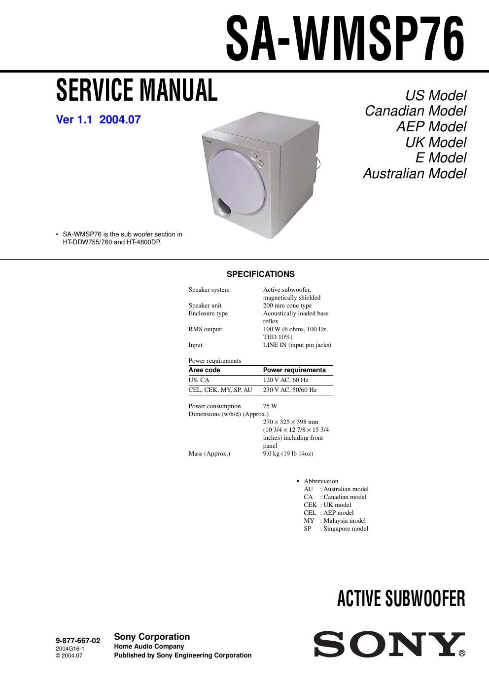 sony sa wmsp 76 service manual