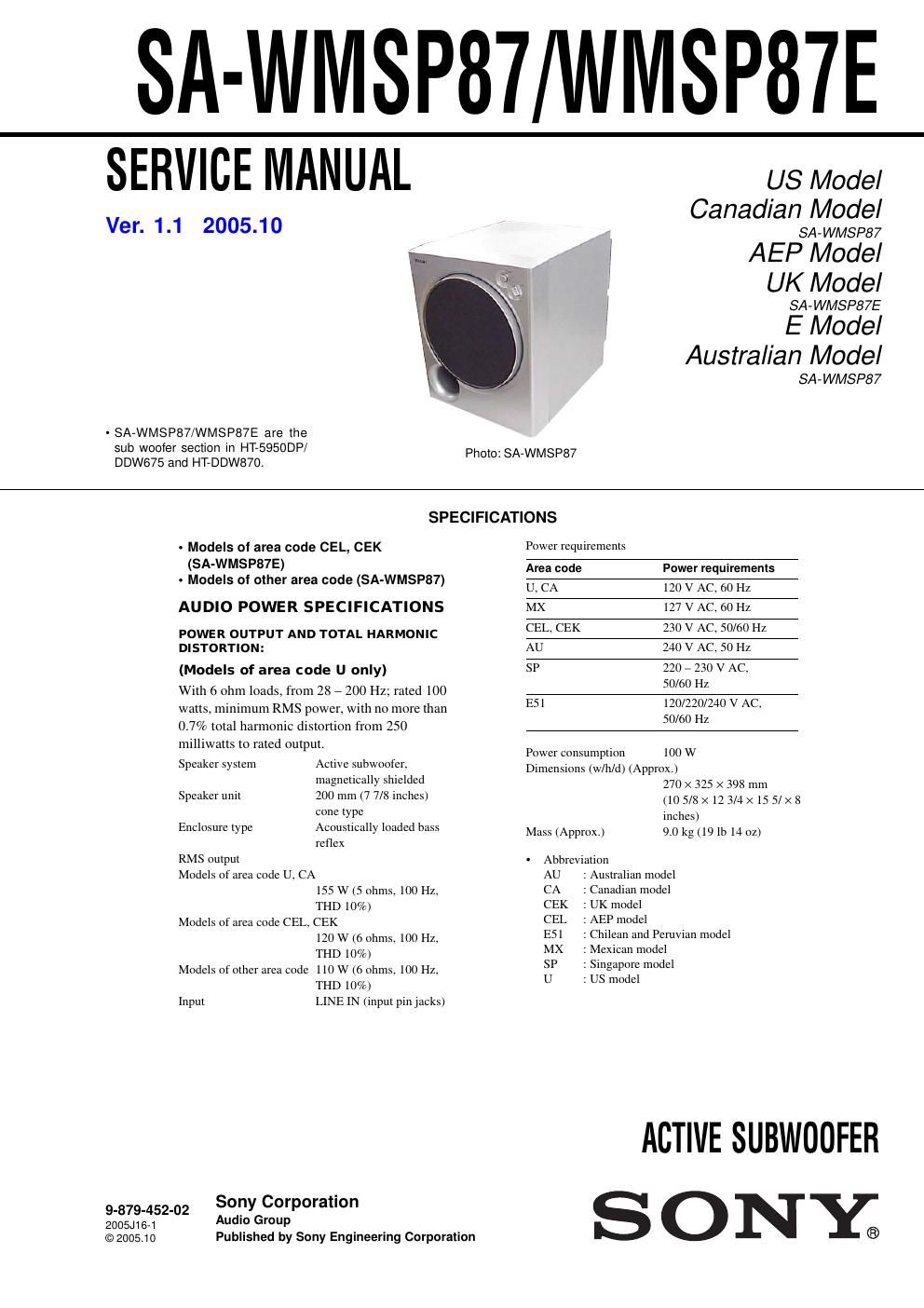 sony sa wmsp 87 service manual