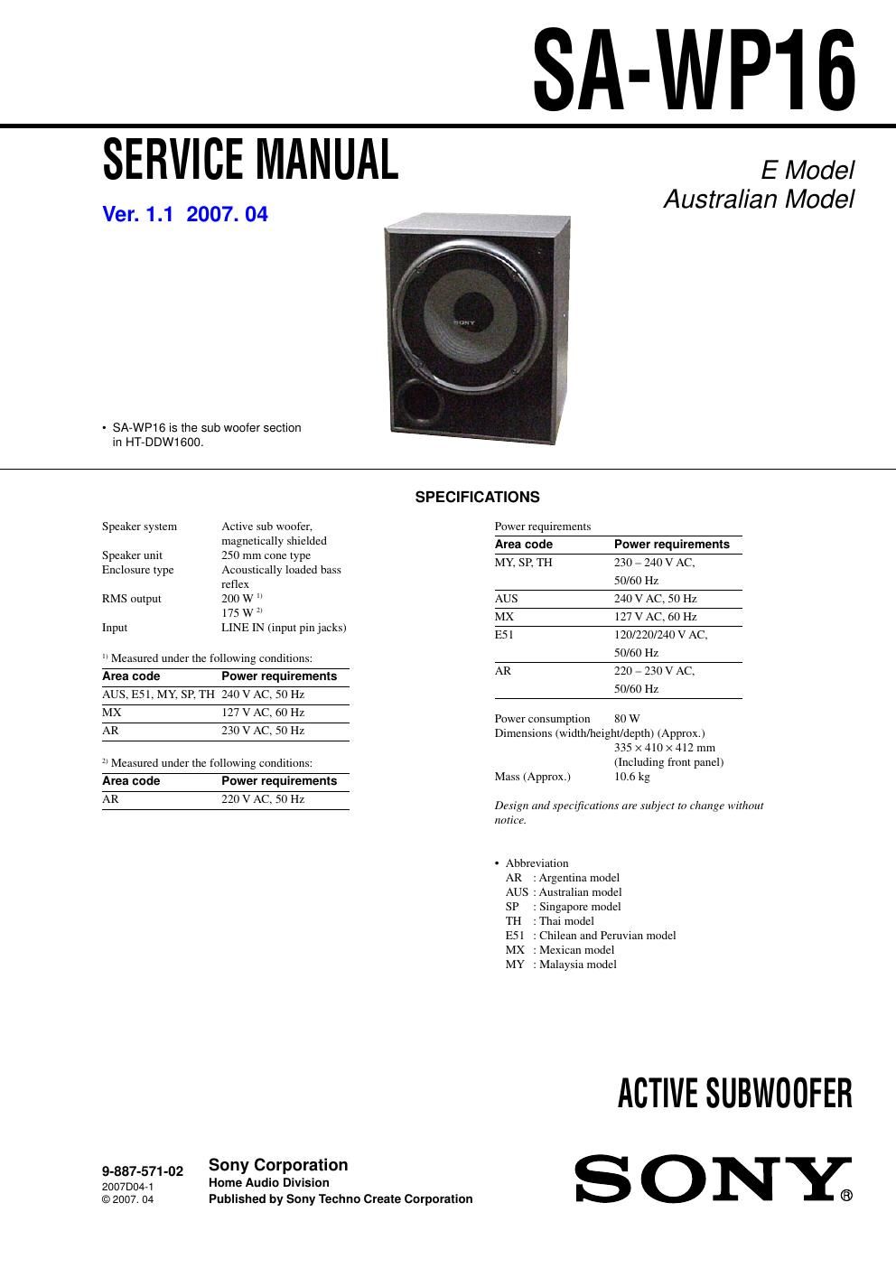 sony sa wp 16 service manual