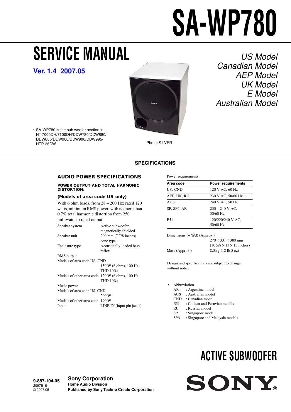 sony sa wp 780 service manual