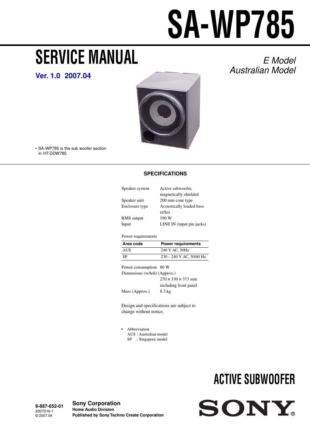 sony sa wp 785 service manual