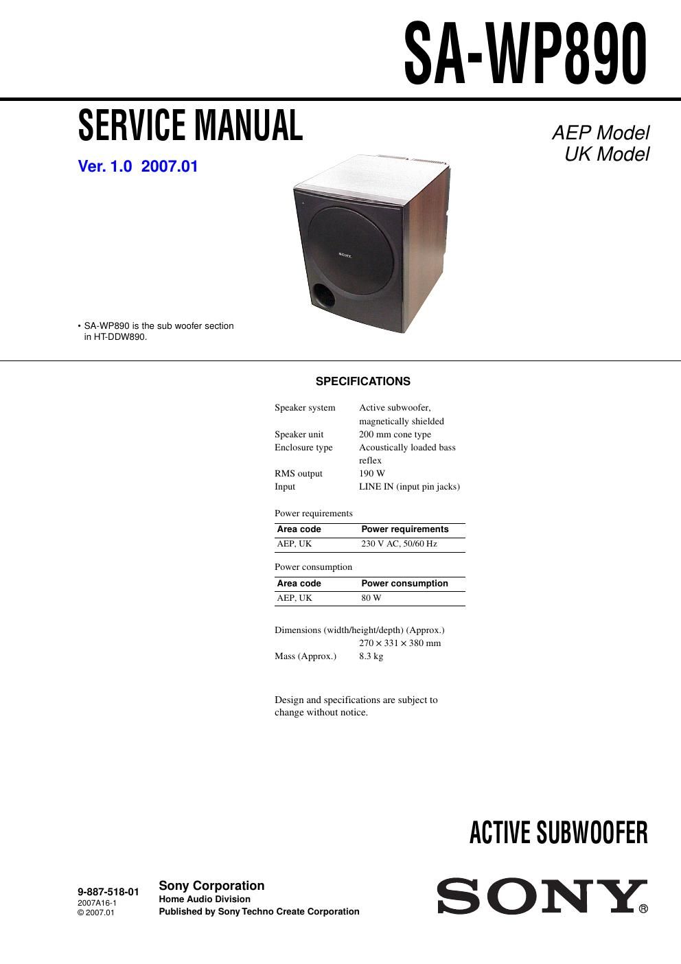 sony sa wp 890 service manual