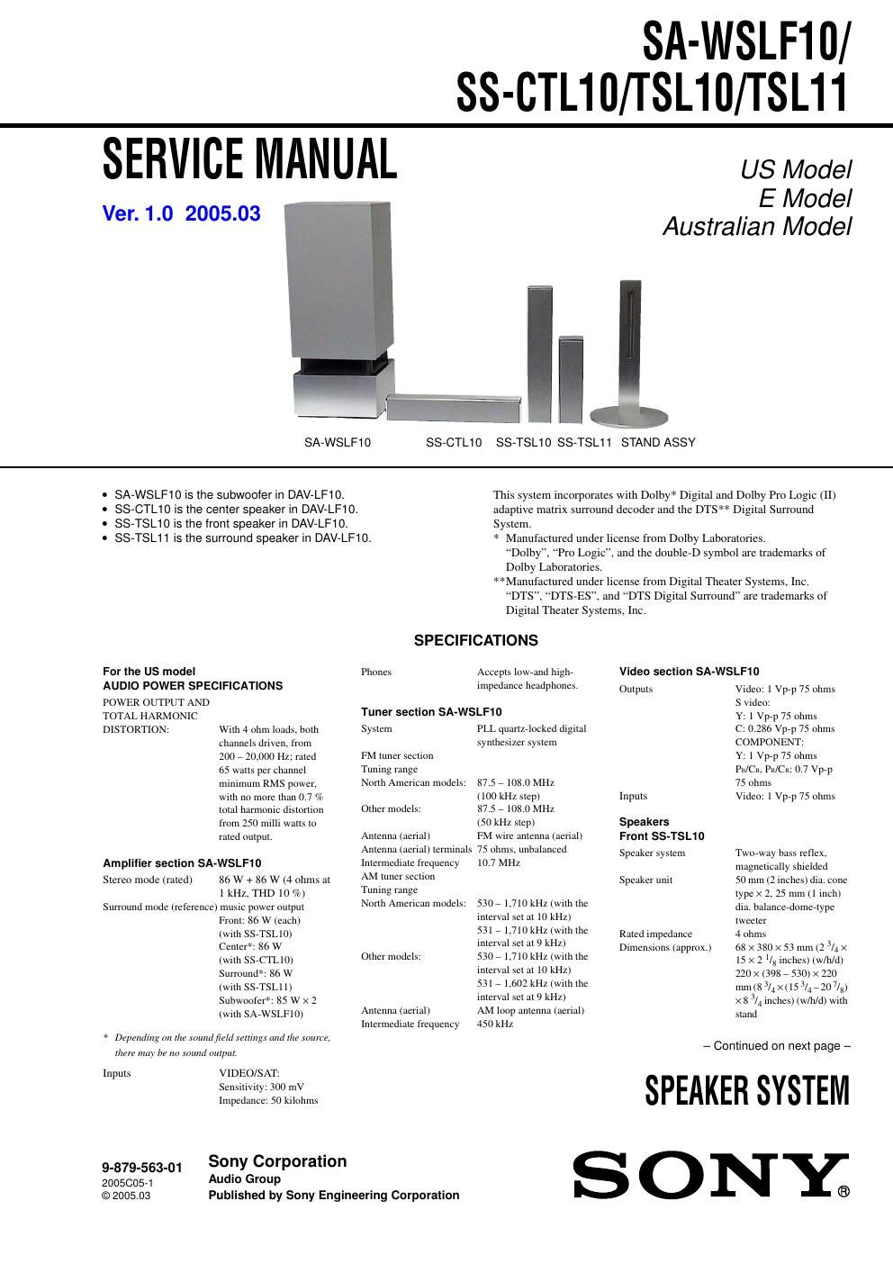 sony sa wslf 10 service manual