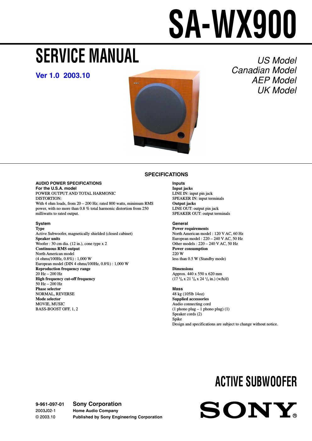 sony sa wx 900 service manual