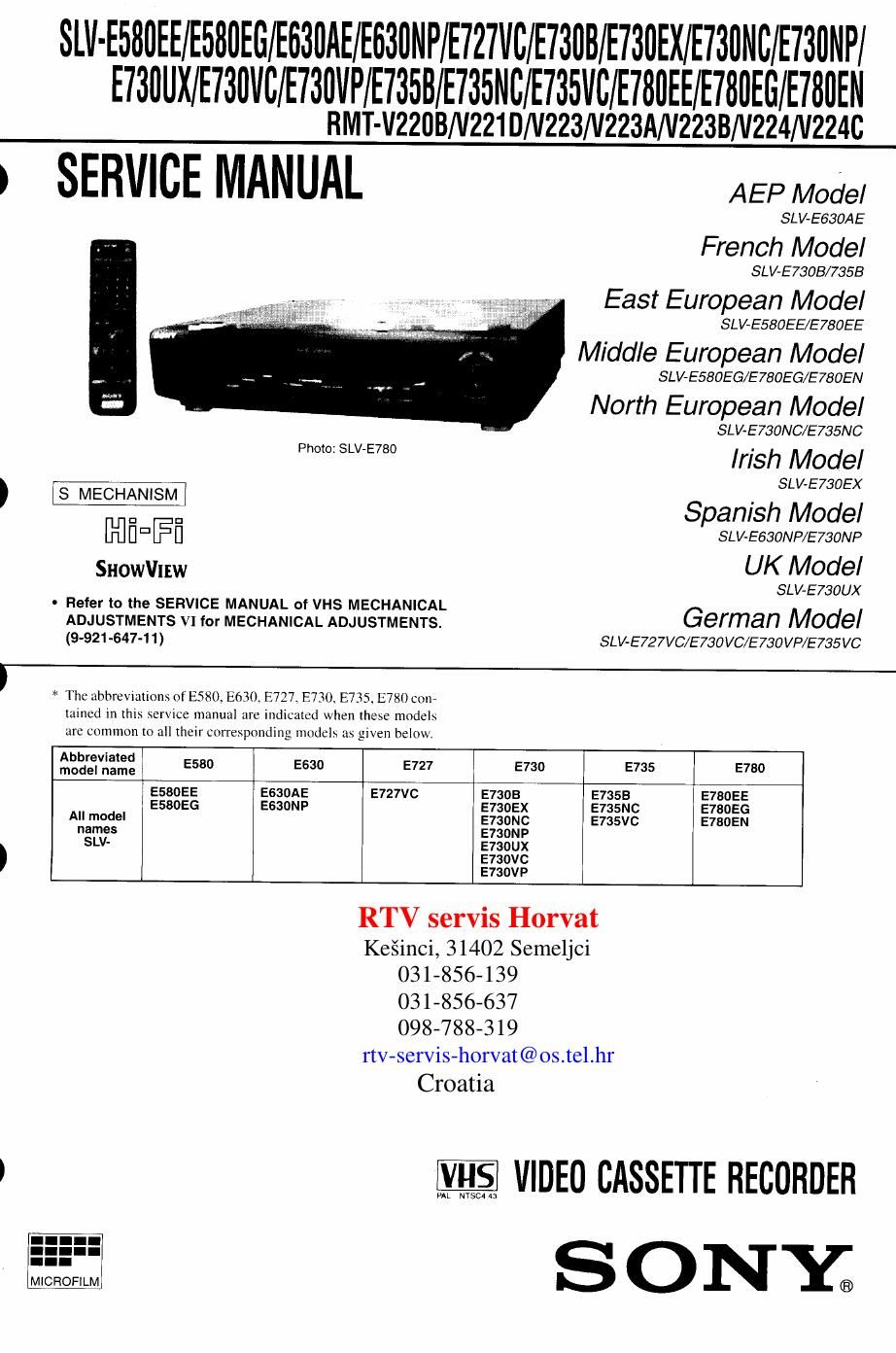 sony slv e 580 ee service manual