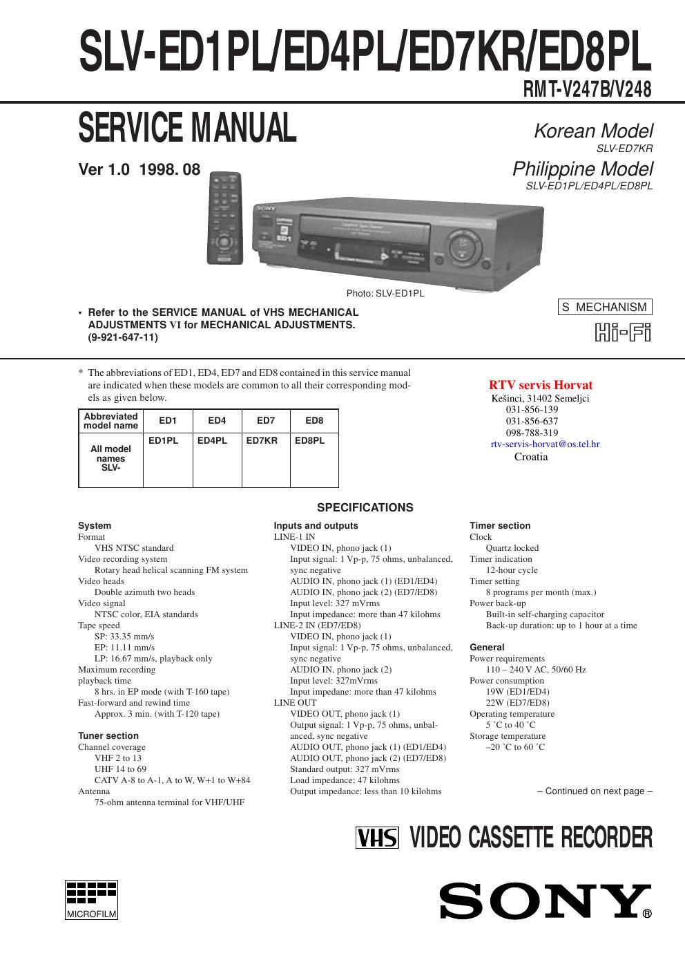 sony slv ed 7 kr service manual