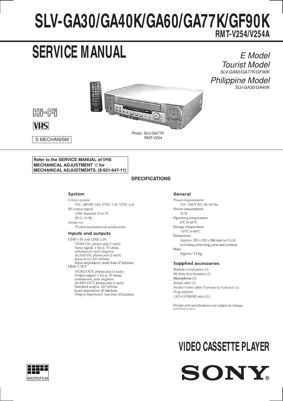 sony slv ga 40 k service manual