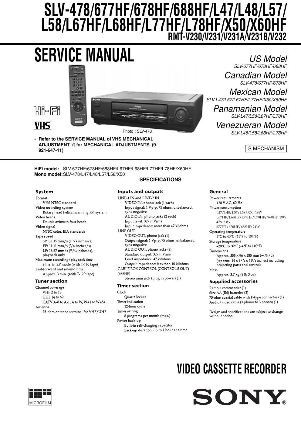 sony slv l 68 hf service manual