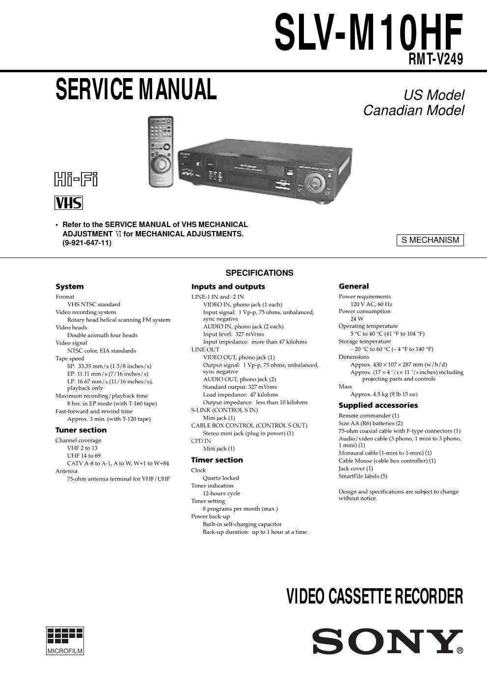 sony slv m 10 hf service manual