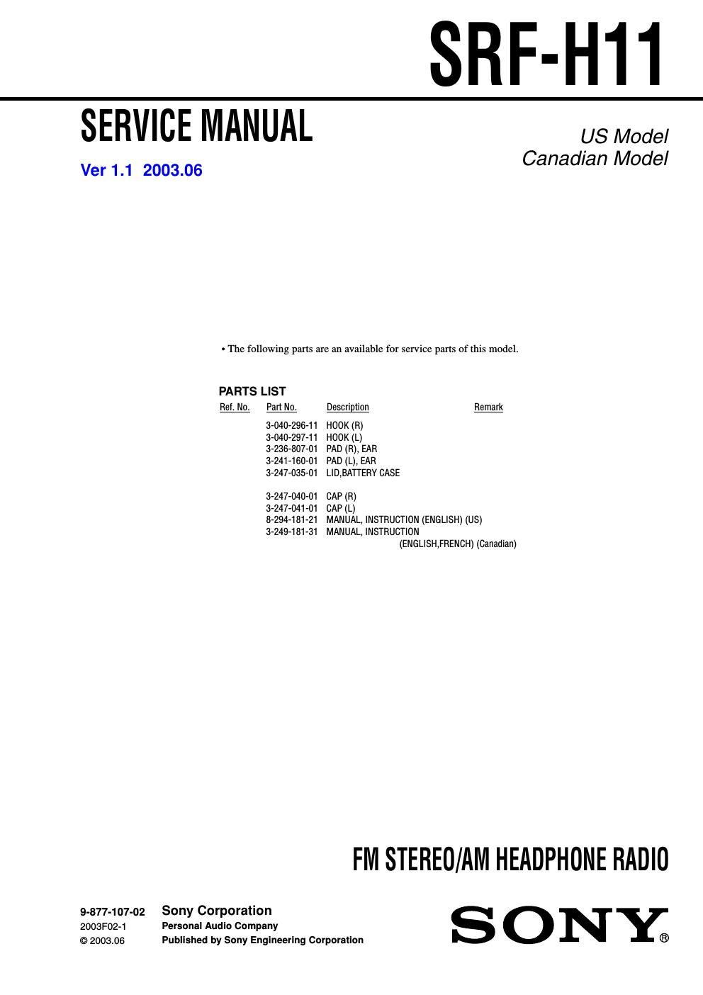 sony srf h 11 service manual