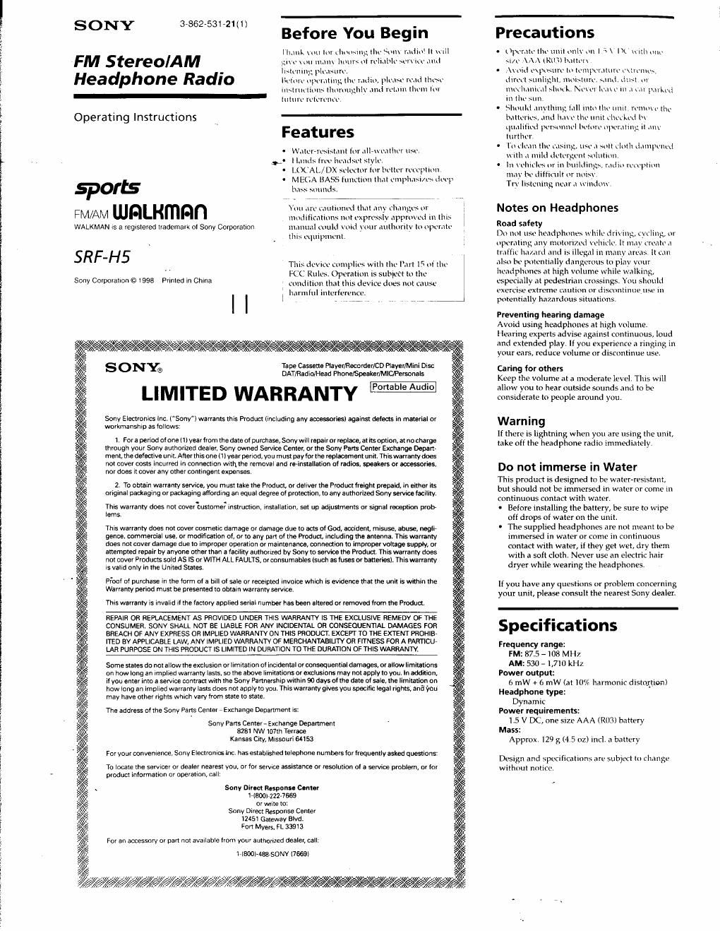 sony srf h 5 owners manual