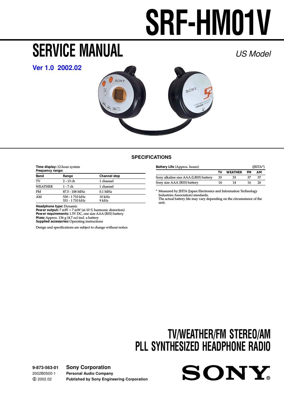 sony srf hm 01 v service manual