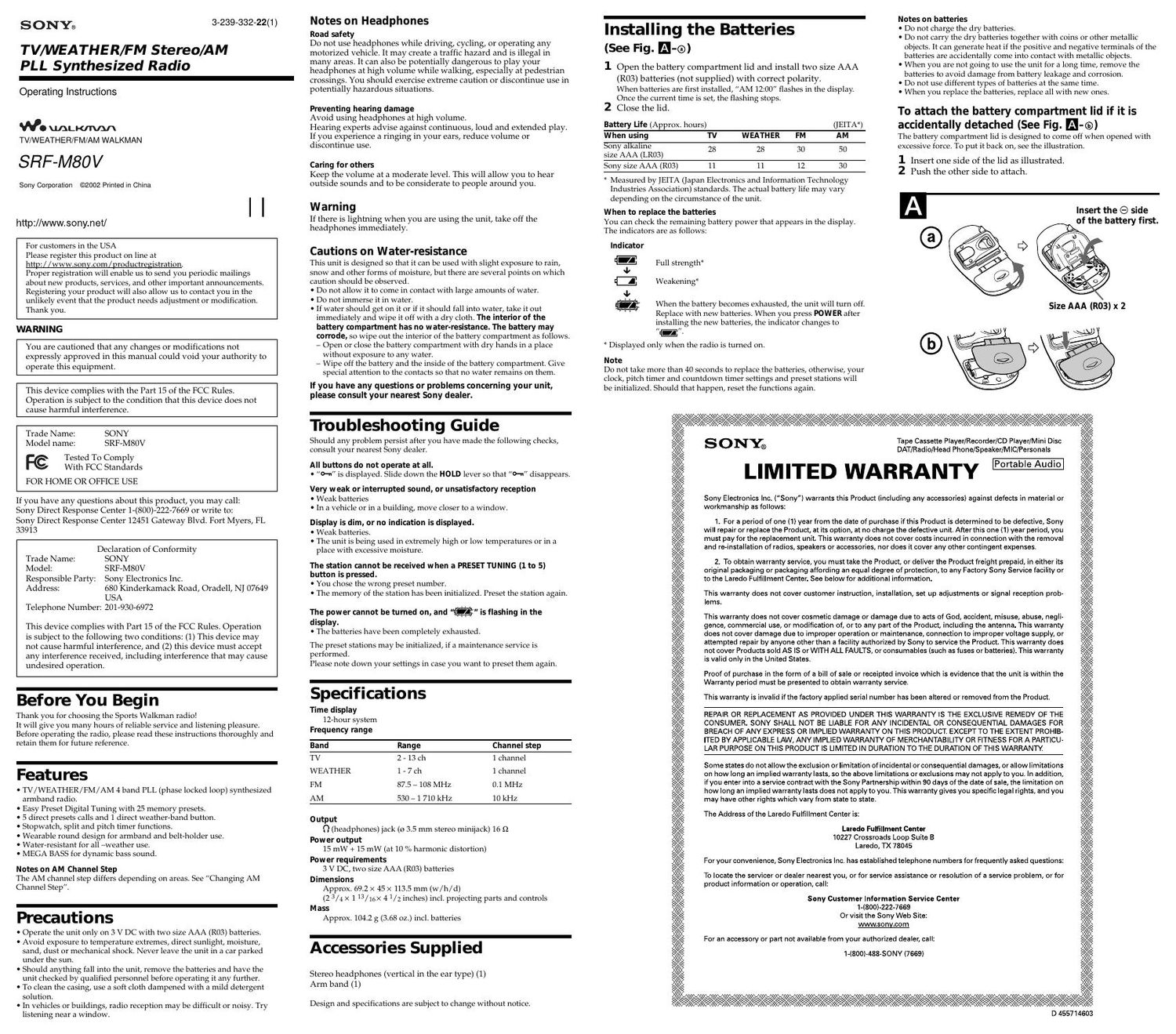 sony srf m 80 v owners manual