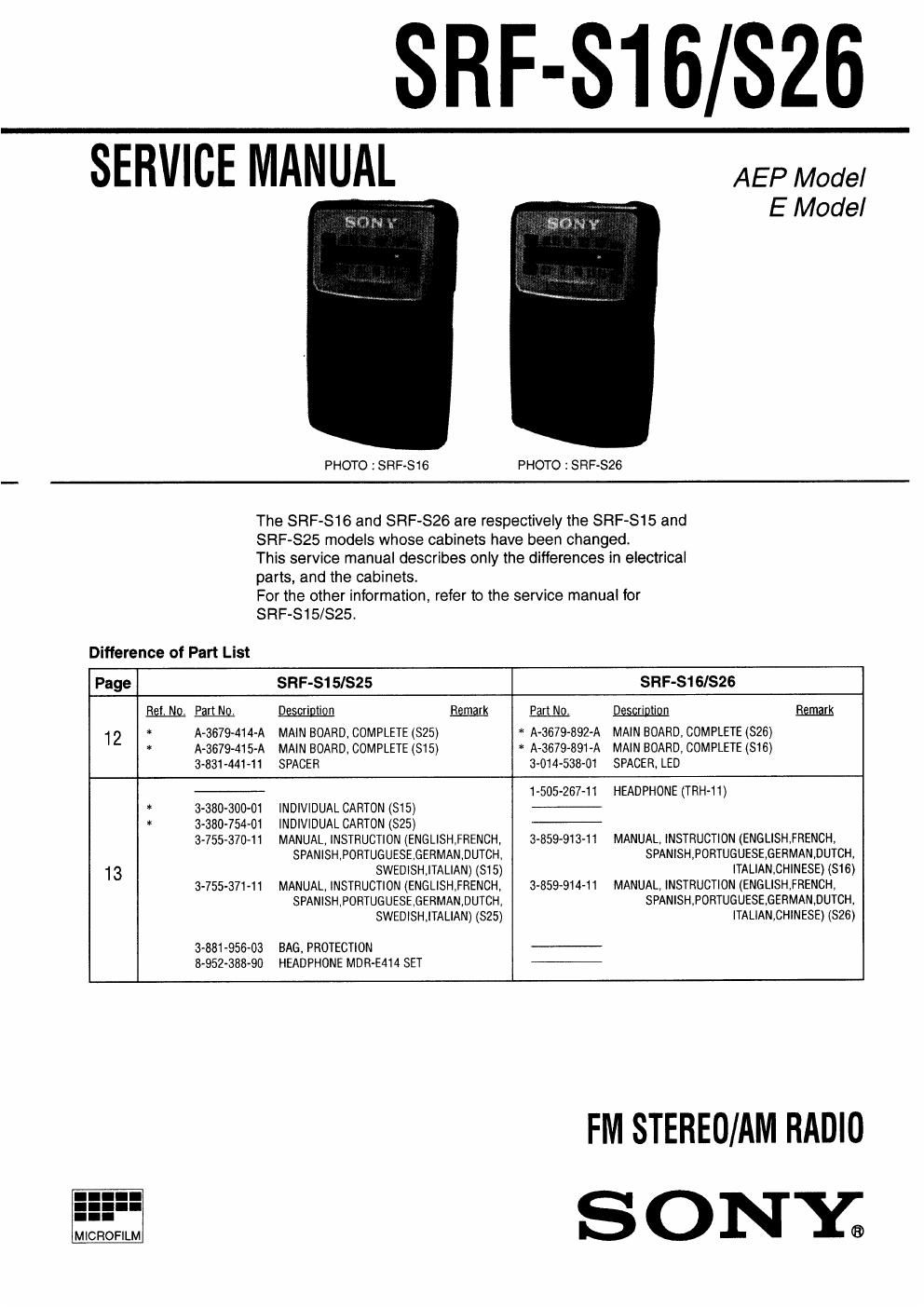 sony srf s 16 service manual