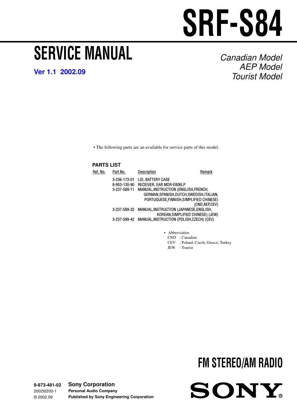 sony srf s 84 service manual