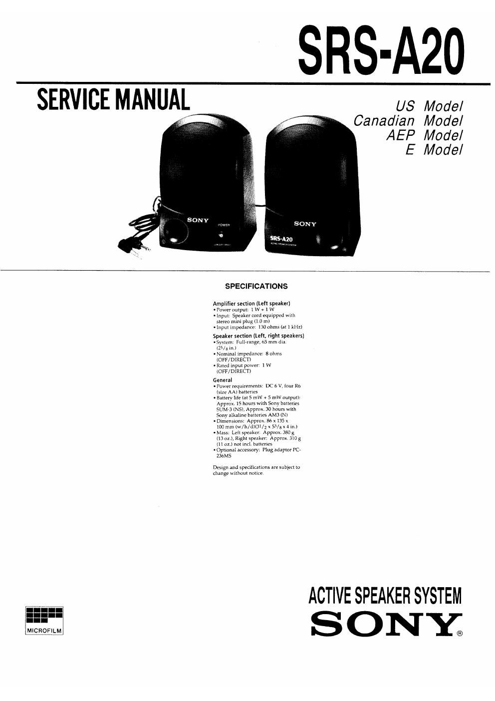 sony srs a 20 service manual