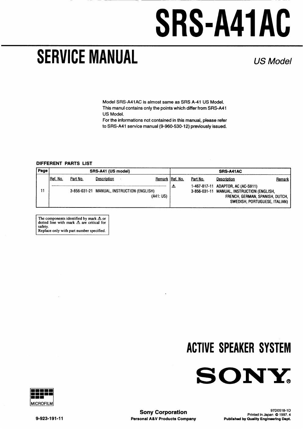 sony srs a 41 ac service manual