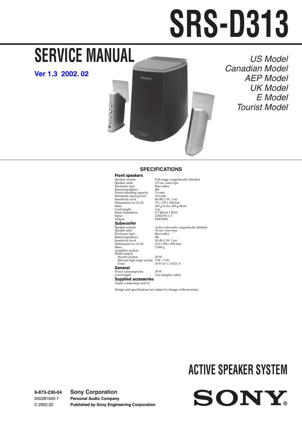 sony srs d 313 service manual