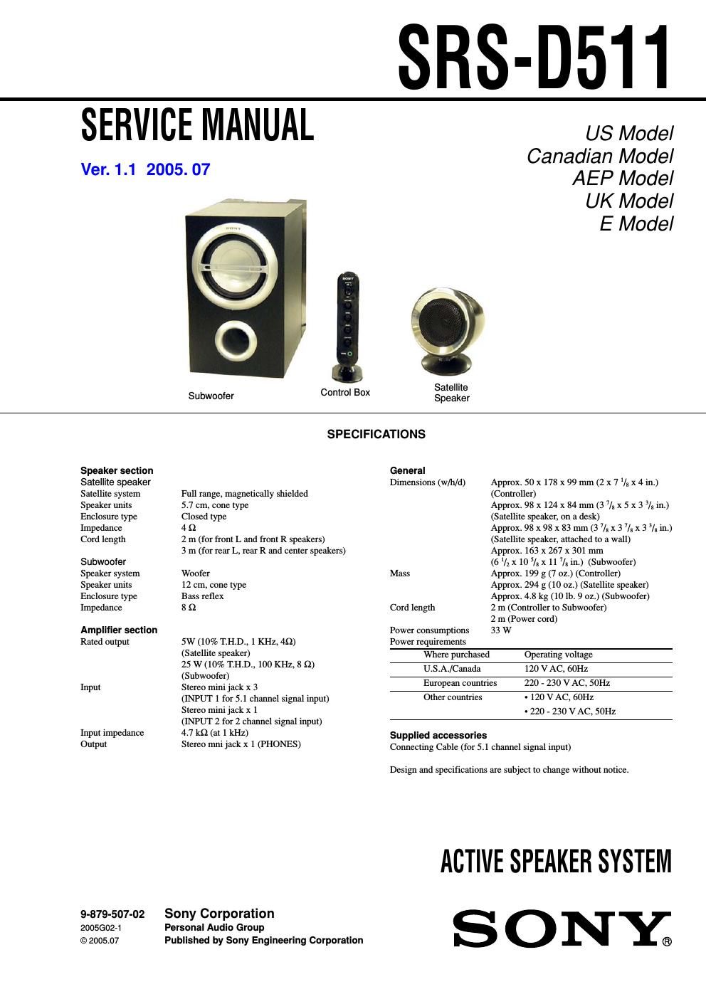 sony srs d 511 service manual