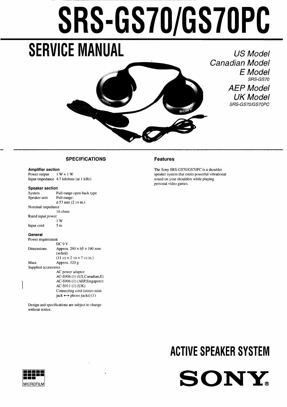 sony srs gs 70 pc service manual