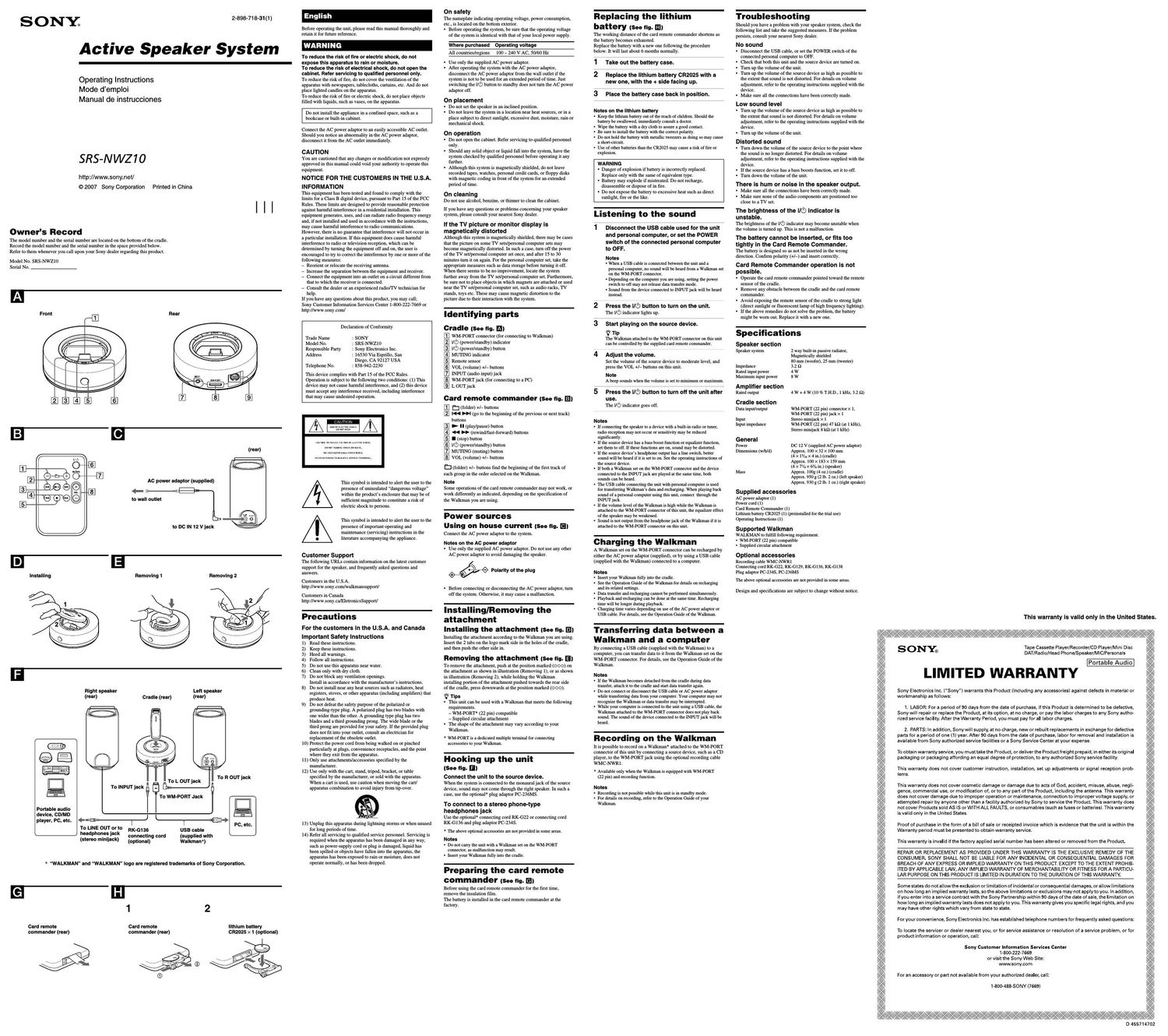 sony srs nwz 10 owners manual