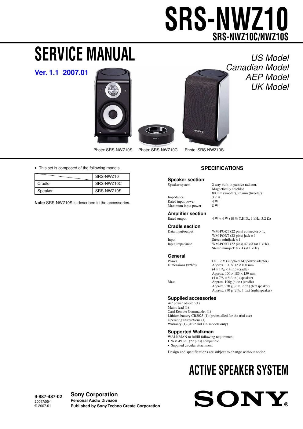 sony srs nwz 10 service manual