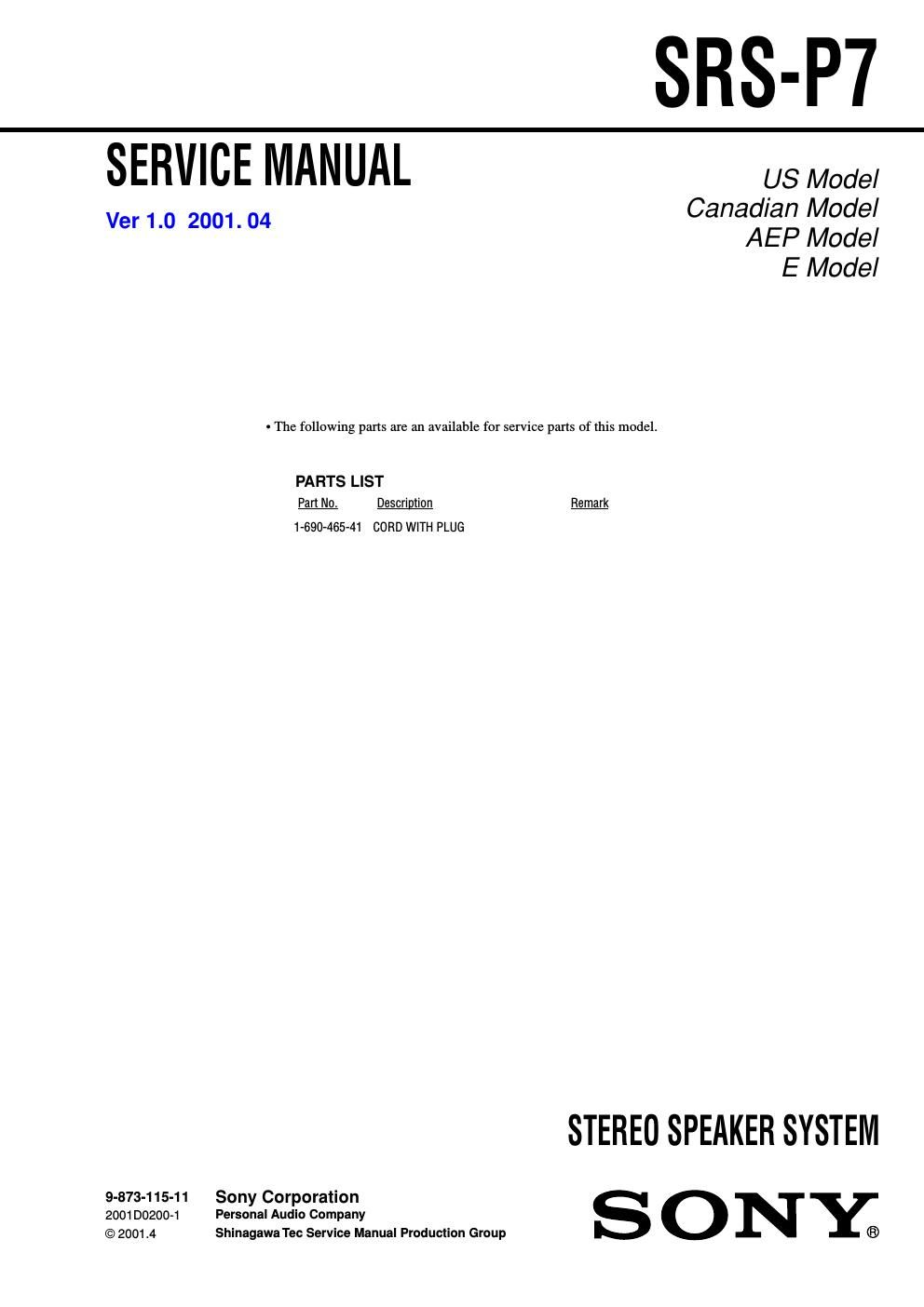 sony srs p 7 service manual