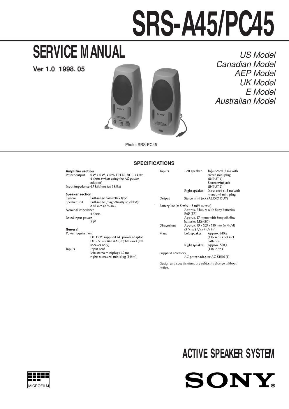 sony srs pc 45 service manual