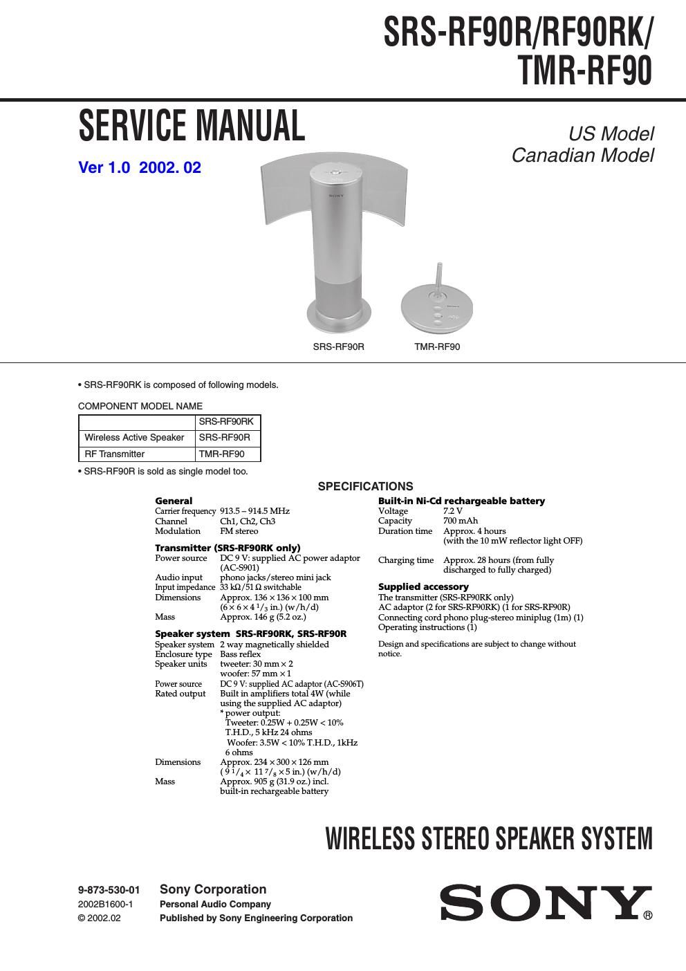 sony srs rf 90 r service manual