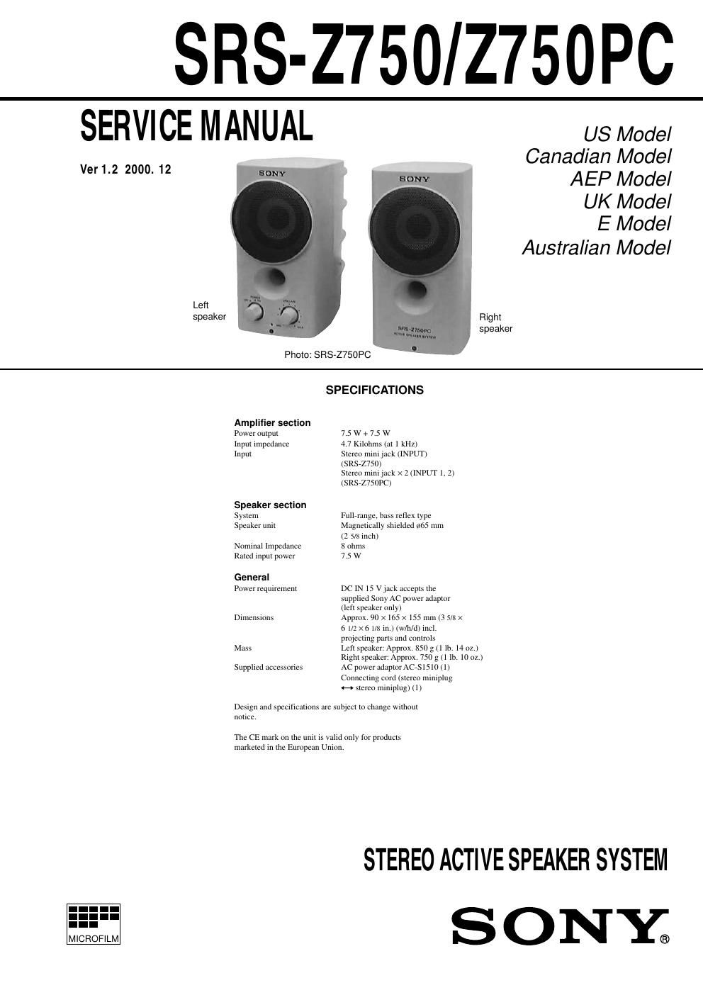 sony srs z 750 pc service manual