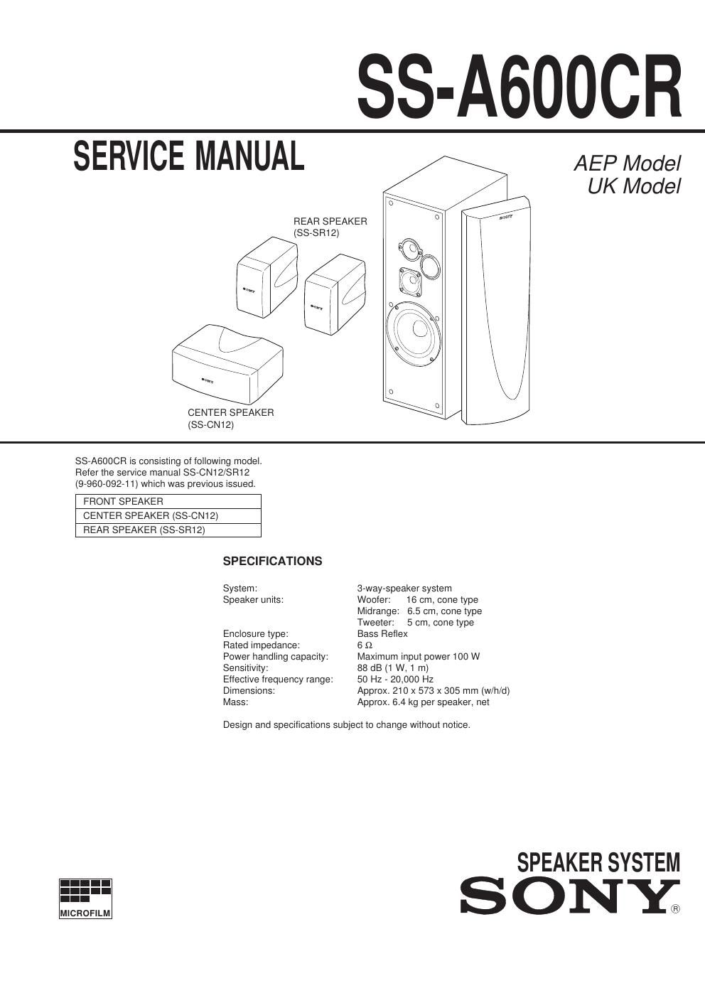 sony ss a 600 cr service manual