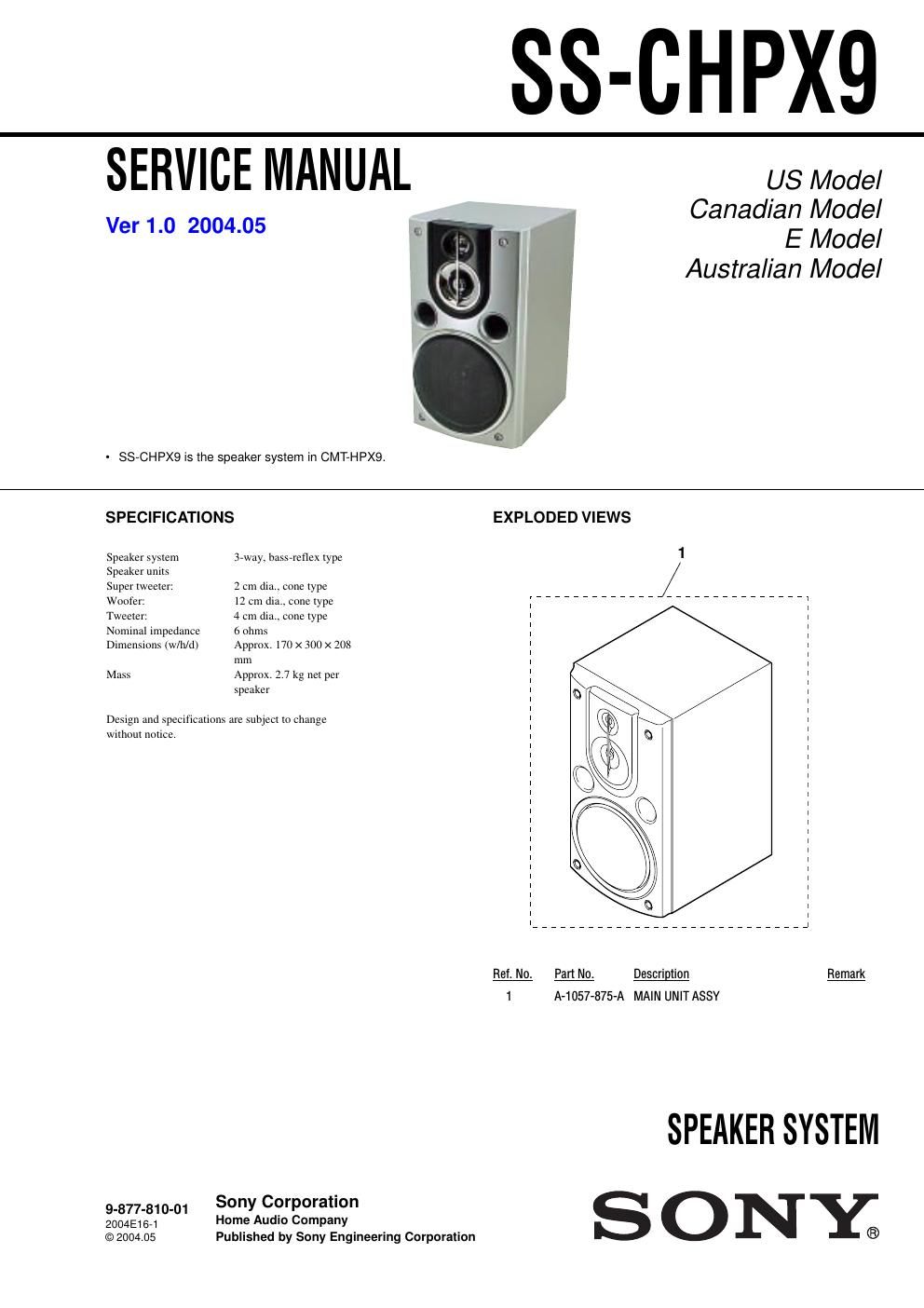 sony ss chpx 9 service manual