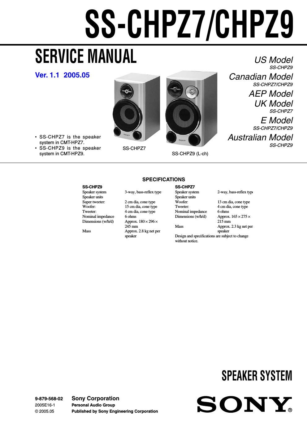 sony ss chpz 9 service manual