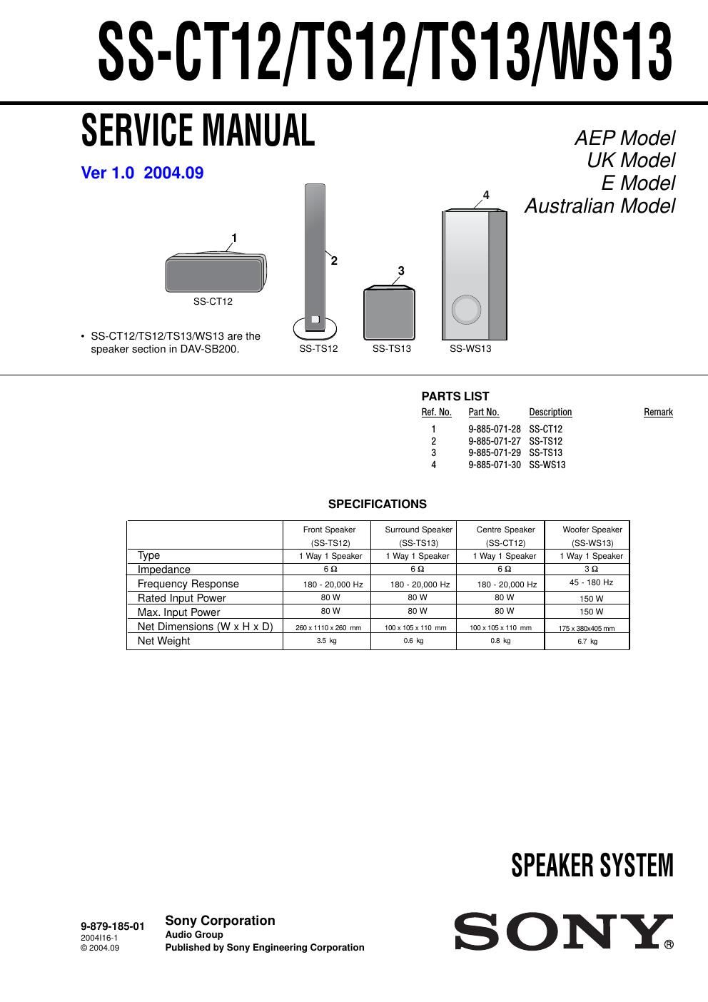 sony ss ct 12 service manual