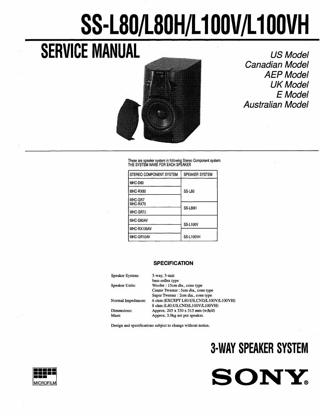 sony ss l 100 vh service manual