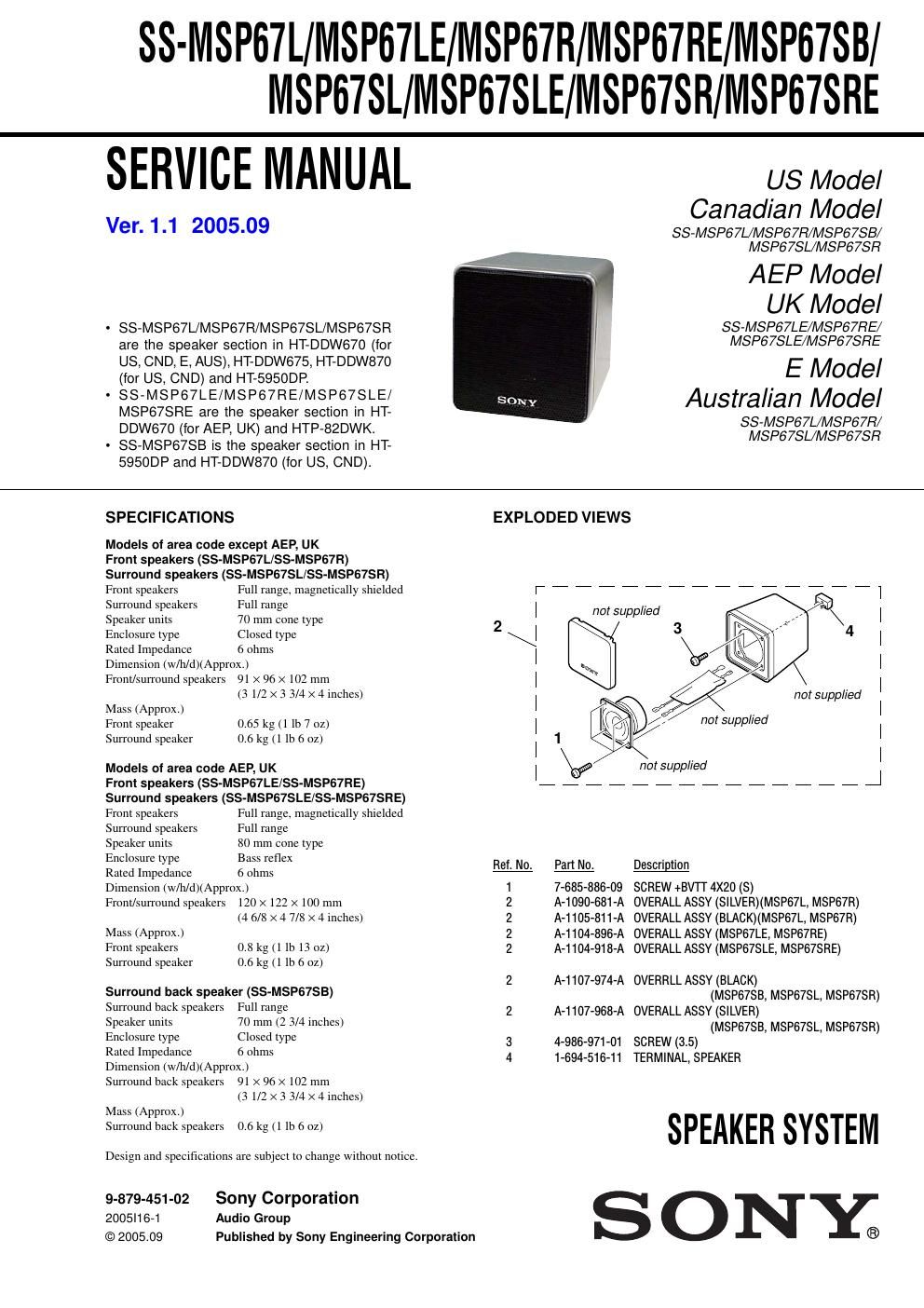 sony ss msp 67 le service manual