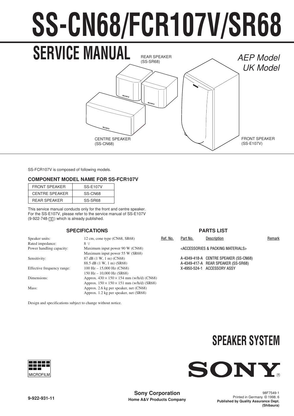 sony ss sr 68 service manual