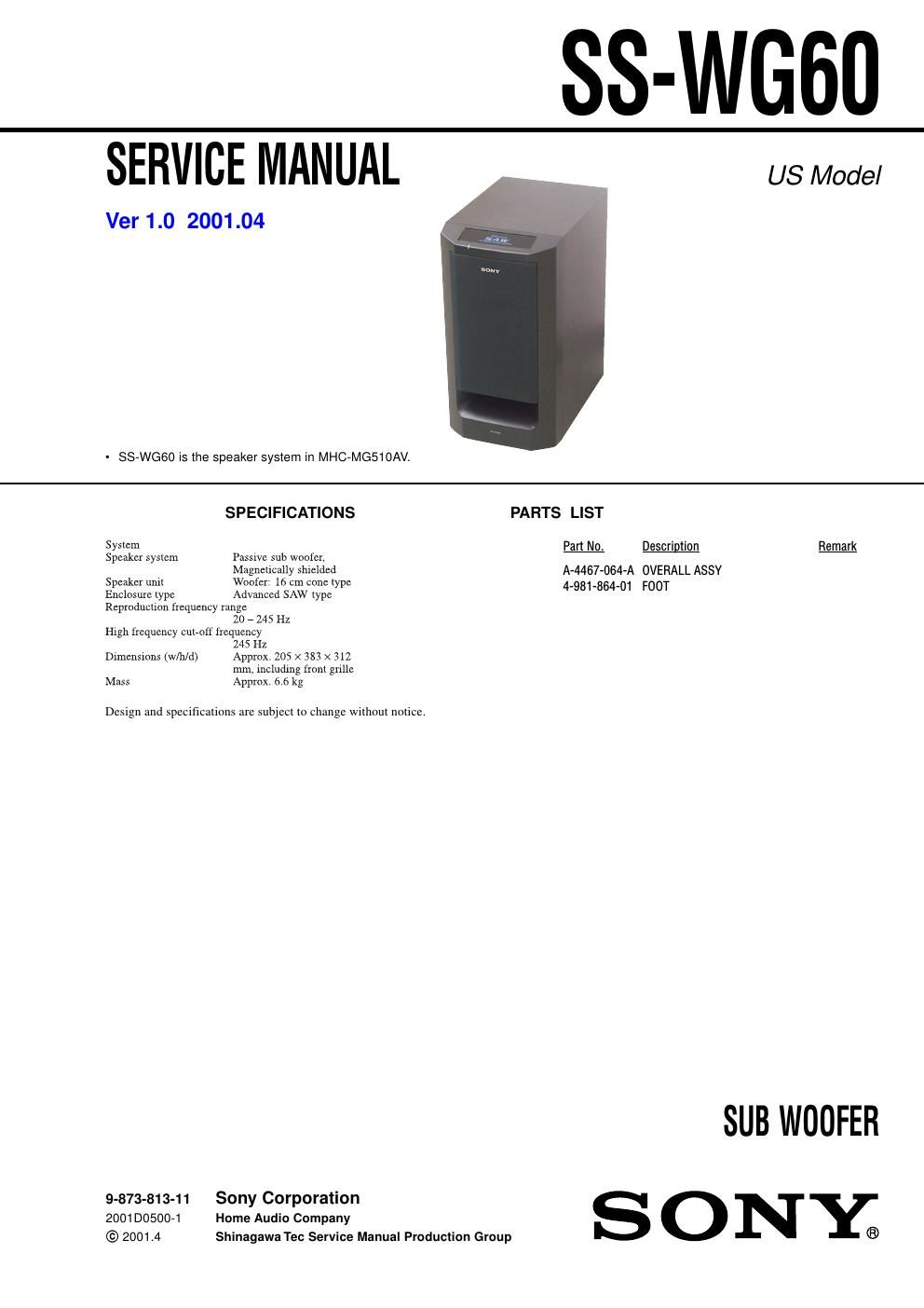 sony ss wg 60 service manual