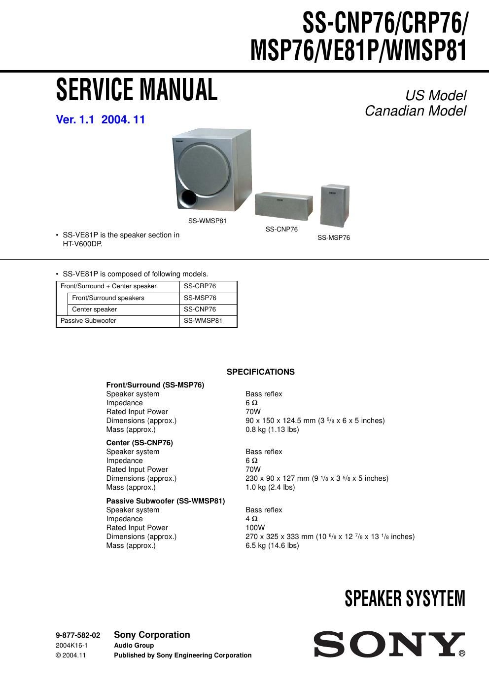 sony ss wmsp 81 service manual